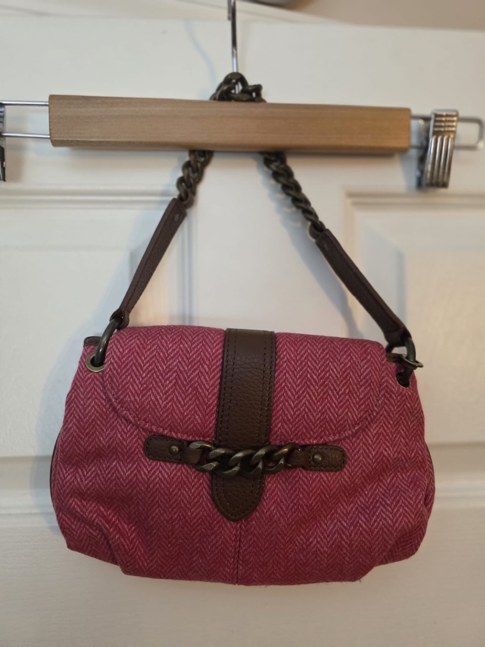Women’s J Crew Wool and Leather Brown Herringbone Shoulder Bag Chain Detail. NWT